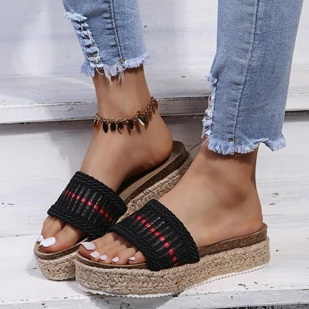 

HIBRO Fashion Women Summer Comfortable Slip-On Flat Shoes Beach Weave Peep Toe Slippers Breathable Sandals