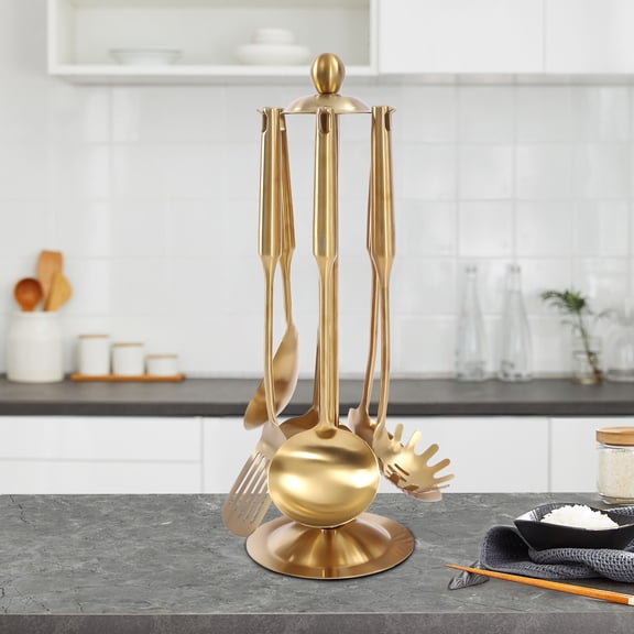 DENEST Golden Kitchen Utensils Set with Stand 7pcs 304 Stainless Steel Cooking Tools with Rotating Holder