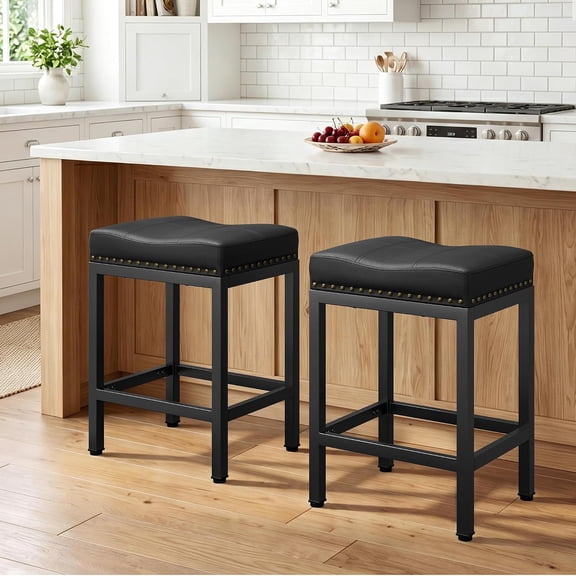 24 Inch Bar Stools Set of 2, Counter Height PU Leather Kitchen Chairs with Footrest & Metal Legs, Modern Backless Saddle Stools for Island, Dining, Space-Saving, Black