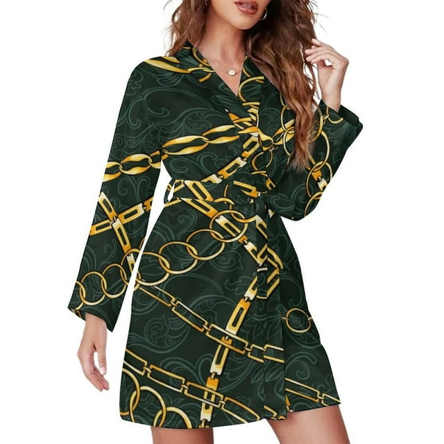 Peignoir de Pyjama Imprimé Chaînes Dorées Manches Longues Pied-de-Poule Coloré Rétro Col en V Robe de Nuit Automne