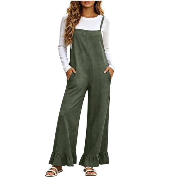 QIYAGBSA Overalls for Women Adjustable Straps Wide Leg Ruffle Hem Side Pockets Solid Color Loose Fit Casual Full Length Jumpsuit for Fall Spring