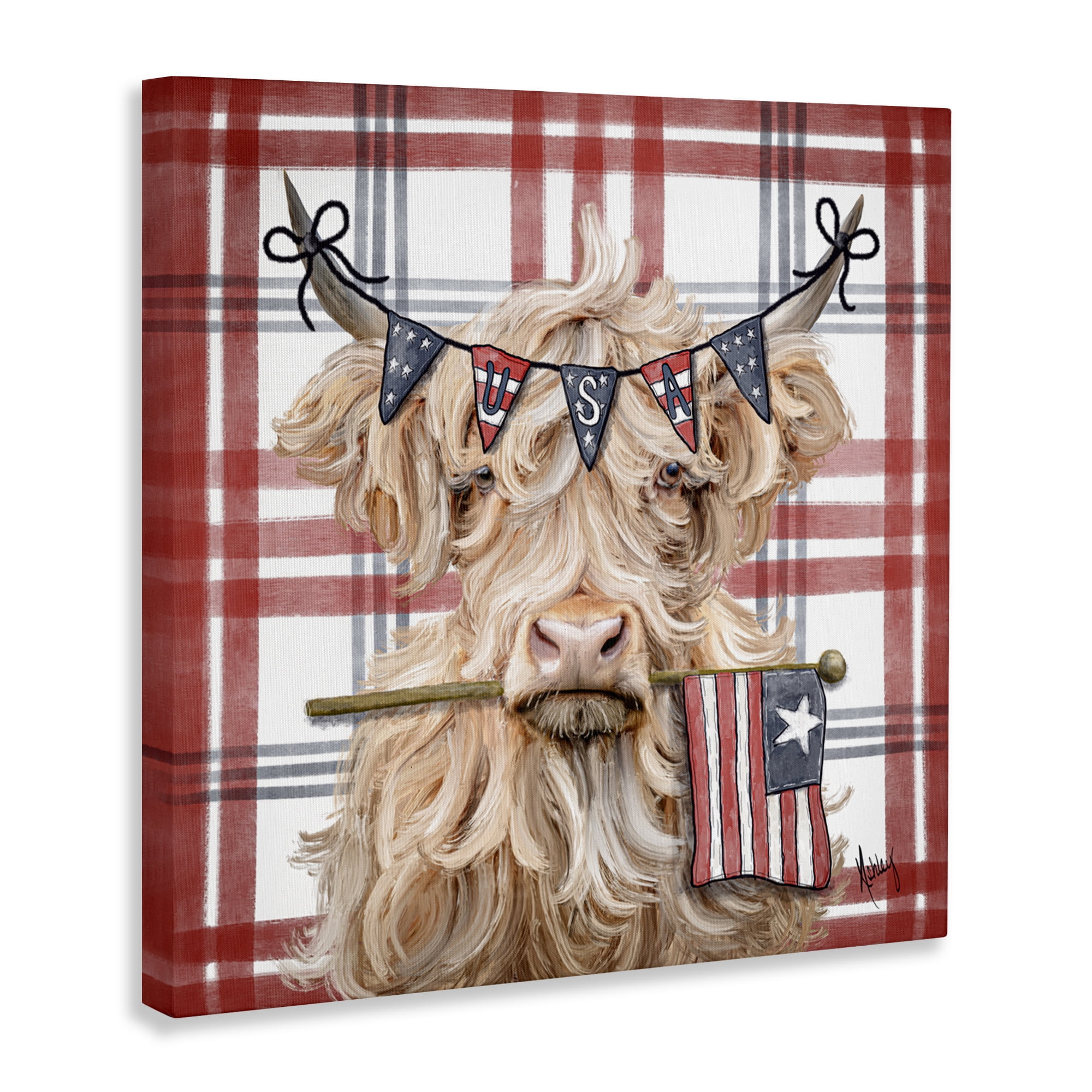 USA Plaid Highland Cattle Canvas Wall Art, design by Ashley Bradley