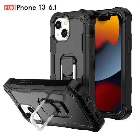 iPhone 13 Case - Heavy Duty Hybrid Rugged Dual Layer Protective Shockproof Kickstand Cover with Ring Holder for Apple iPhone 13 6.1", A