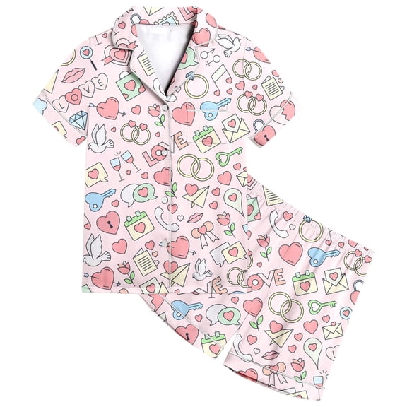 HNMKIU Girls Printed Short Sleeve Button Down Pajama Set with Matching Shorts Comfortable Sleepwear Outfit Light Pink,6-7 Years