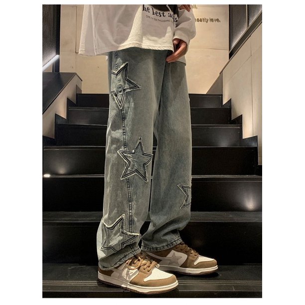 Y2K Men Vintage Blue Streetwear Oversize Star Aesthetic Straight Trousers  Wide Leg Jeans Grunge Denim Pants Women Clothes 