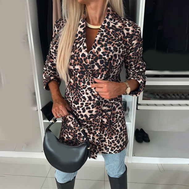 Chaquetas y abrigos casuales de manga larga sin capucha para mujer, chaqueta de traje informal con solapa y manga larga estampada holgada para mujer