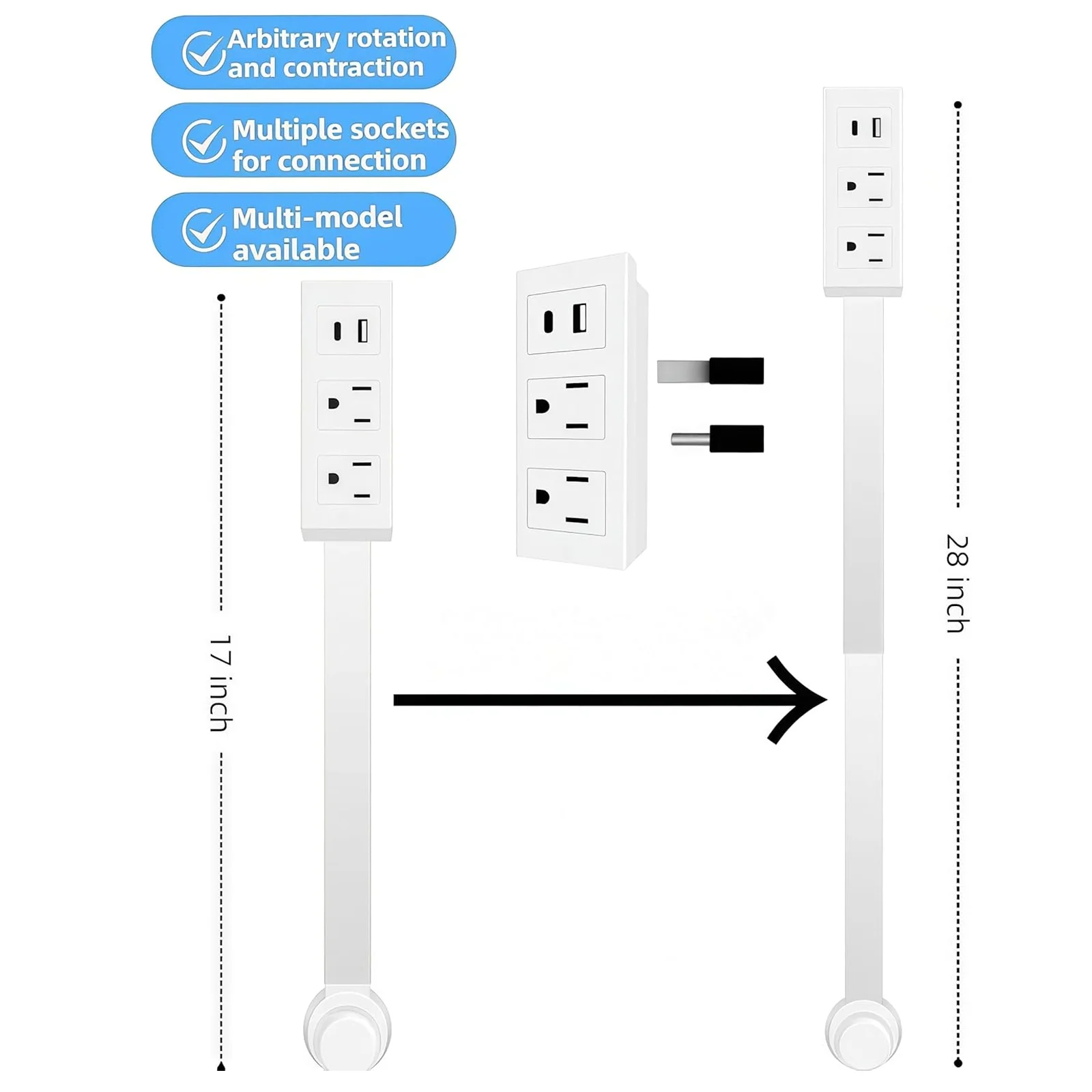 3PCS Outlet Extender Stick,Extendable Outlet,Rotating Outlet Extender,Electrical Outlet Extender Stick,Extended And Rotating Outlet Features,With Usb-A, Usb-C, And 2 Ac Outlets