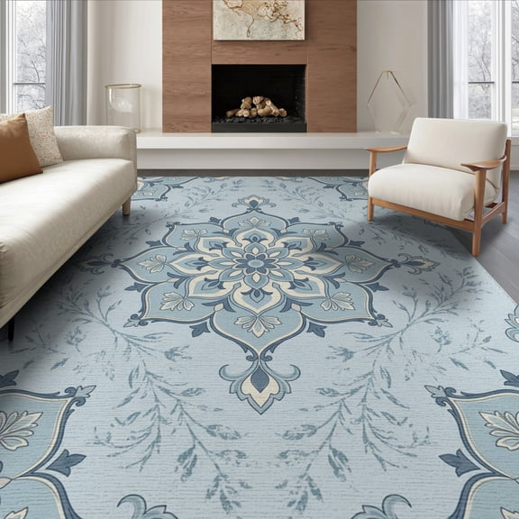 ODIKA 8'x10' Washable Area Rug Boho Botanical Traditional Scrollwork Border Surrounding Dorm for Dining Room, Large Office, Lounge, Non-Slip Chair-Friendly Mat