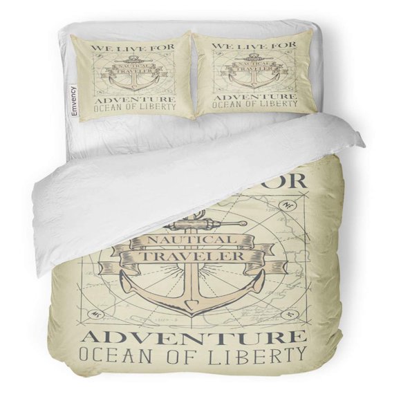 POGLIP 3 Piece Bedding Set Ship Anchor and Ribbons Words Nautical Traveler of Travel Adventure Discovery Old Map in Retro Twin Size Duvet Cover with 2 Pillowcase for Home Bedding Room Decoration