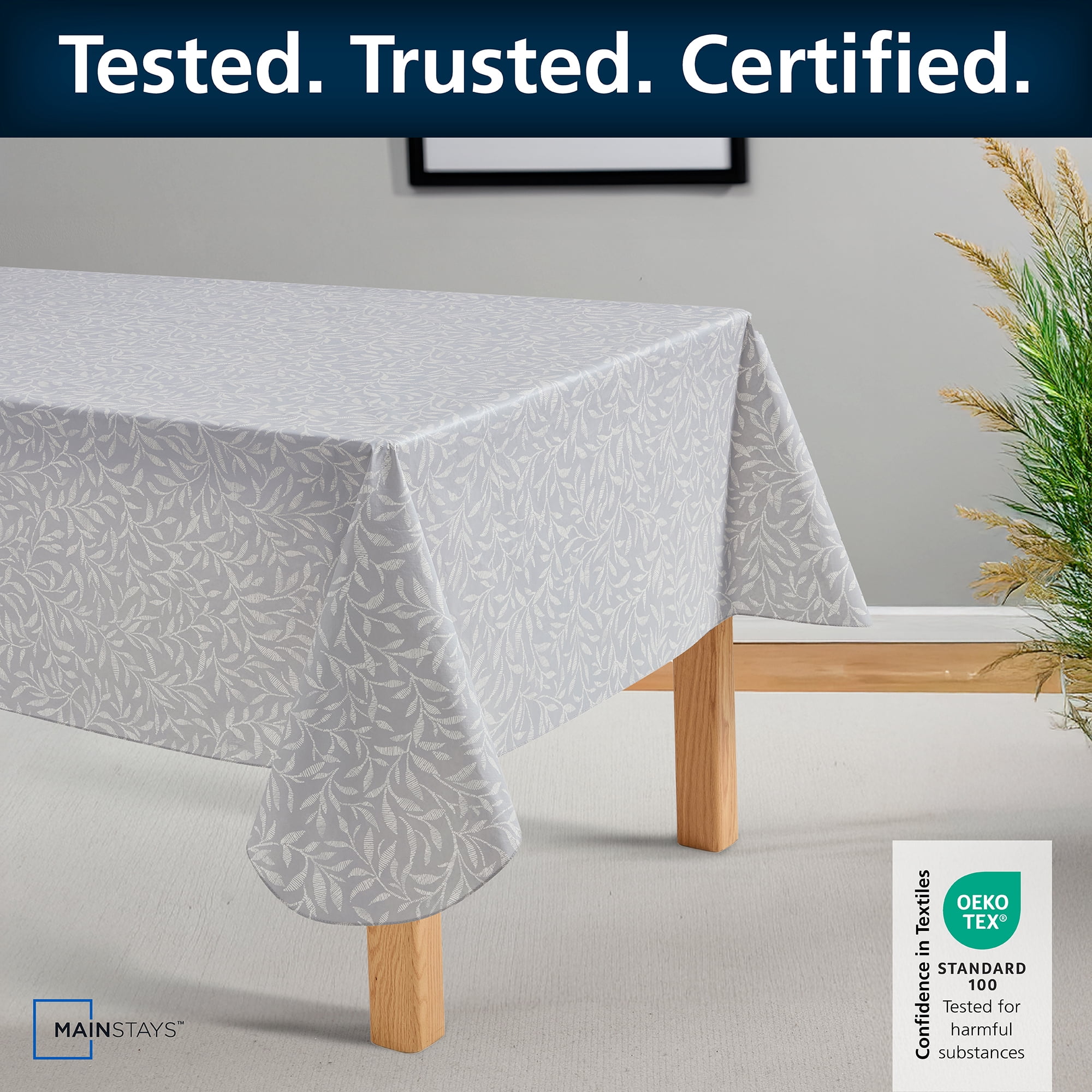 Mainstays PEVA Everyday Indoor/Outdoor Reusable Tablecloth, 60" x 102", Grey Leaf