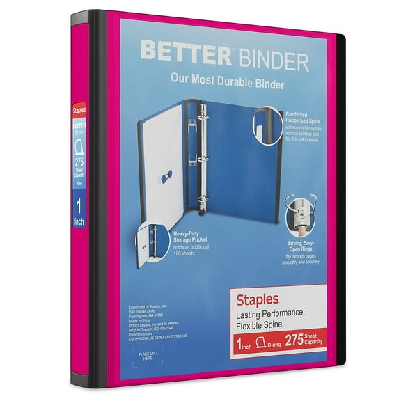 Staples Better View 1-Inch D 3-Ring Binder Pink (13568-CC) 55843/13568