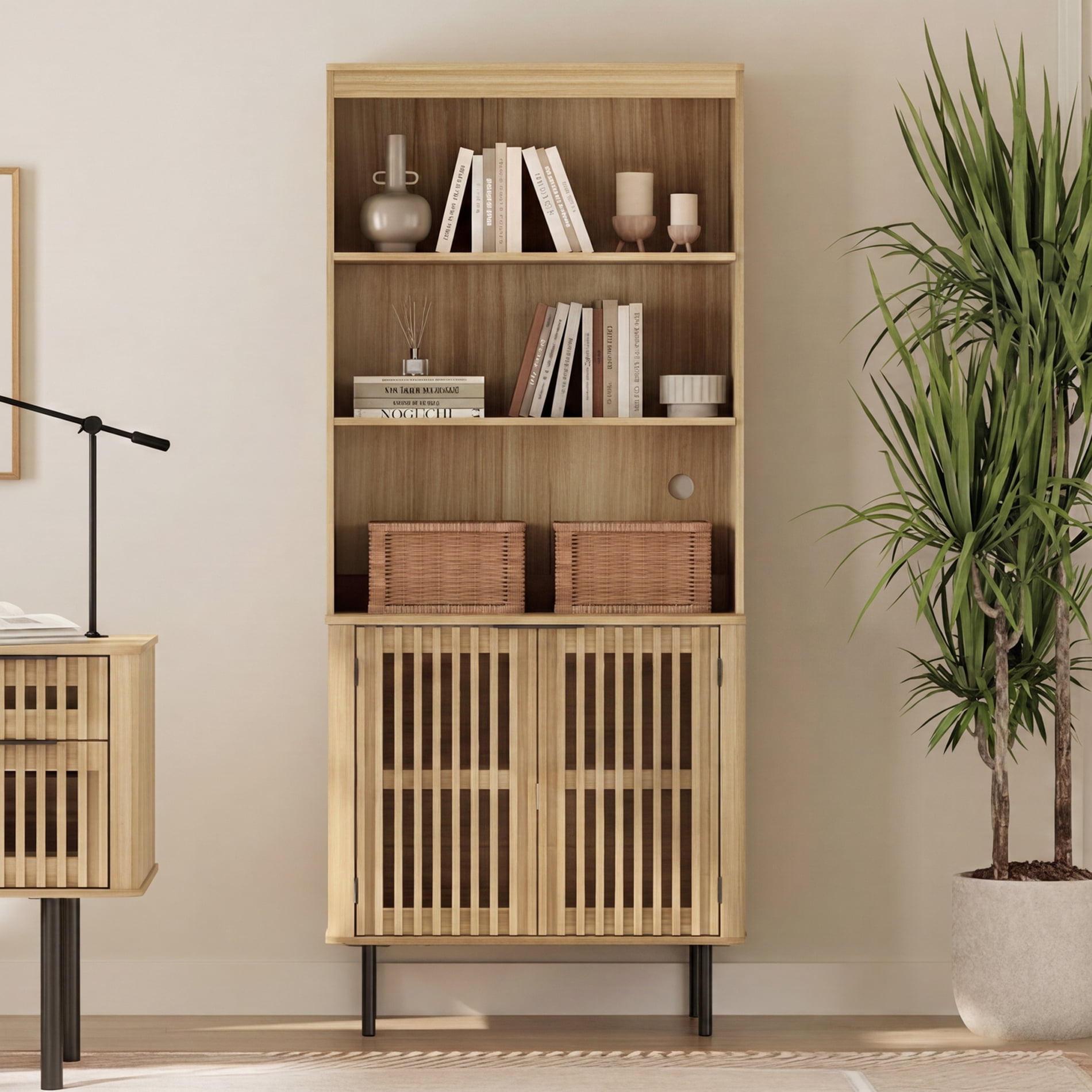 72.8" Tall Bookshelf with Doors - 3 Tiers Large Modern Bookcase with Adjustable Shelves, Oak
