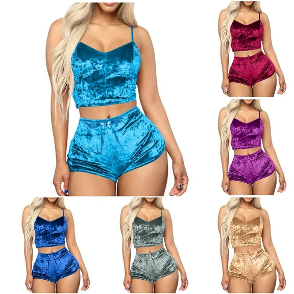 Fancifize Womens Velvet Pajama Sets Soft Crop Cami Top and Shorts 2 Piece Matching Loungewear Casual Sleepwear Shorts Set