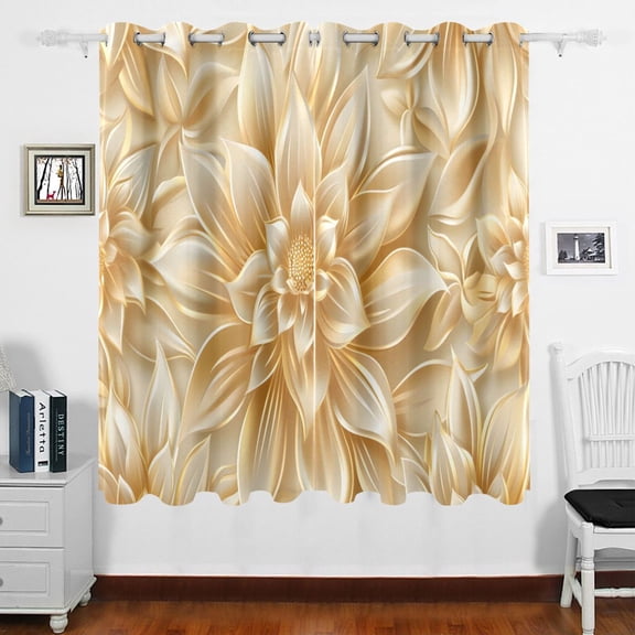 Gold Flowers Curtains Black Out 63 Inch Length Curtains for Sliding Glass Doors Bedroom Living Room 2 Panels Set