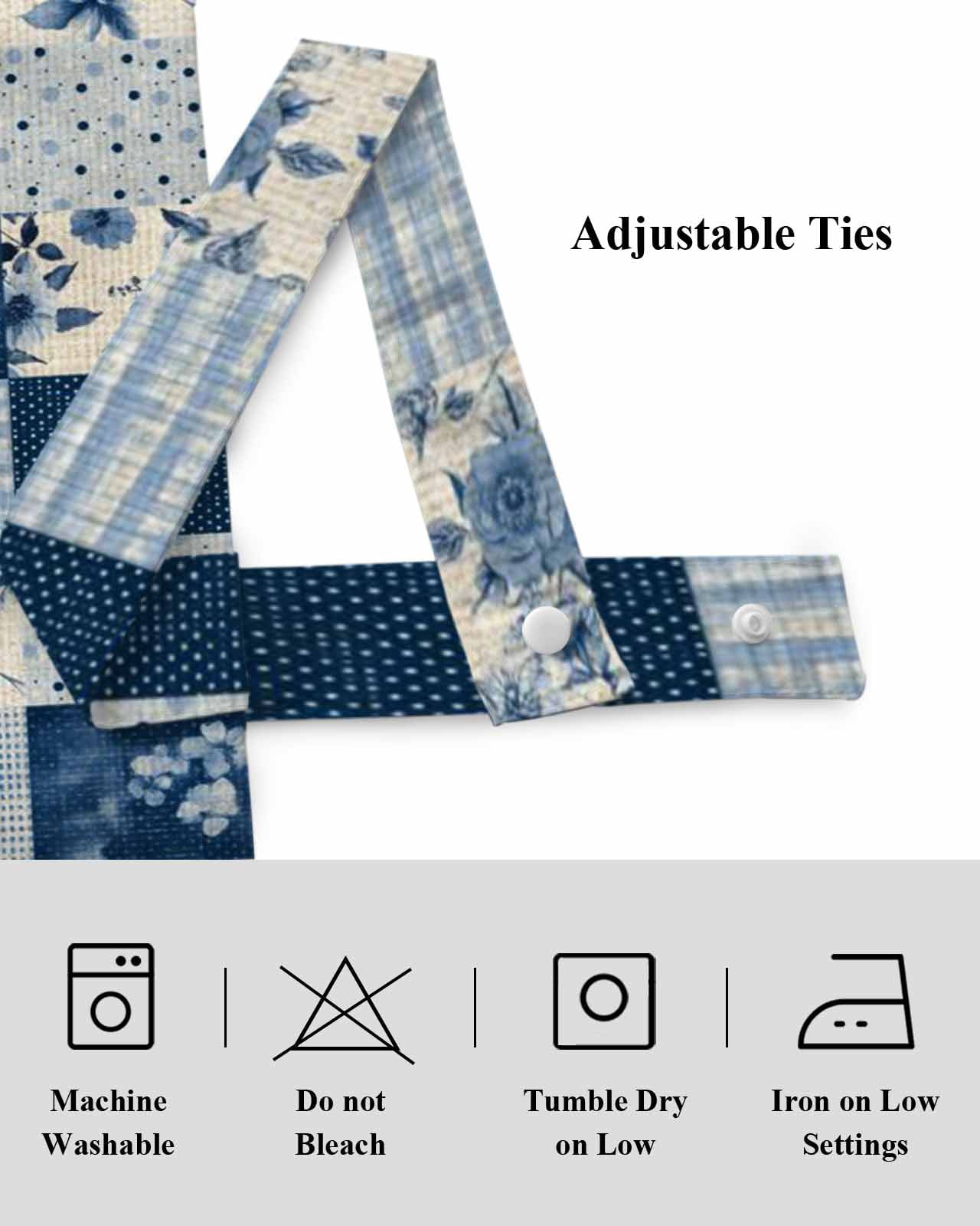 Vintage Patchwork Tie Up Valances Curtain, Blue Flowers Polka Dot Linen Kitchen Valances for Windows Decor, Rod Pocket Short Curtains Set for Bedroom/Bathroom, 60"x18"