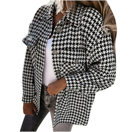 

Women Fashion Fall Houndstooth Printed Single Breasted Shacket Jacket Long Sleeve Turn-down Collar Suit Cardigan Woolen Coat Tops