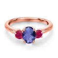thumbnail image 3 of Gem Stone King 18K Rose Gold Plated Silver Blue Iolite and Red Ruby Engagement Ring for Women | 1.15 Cttw | Oval Checkerboard 7X5MM | Gemstone Birthstone | Size 7, 3 of 6