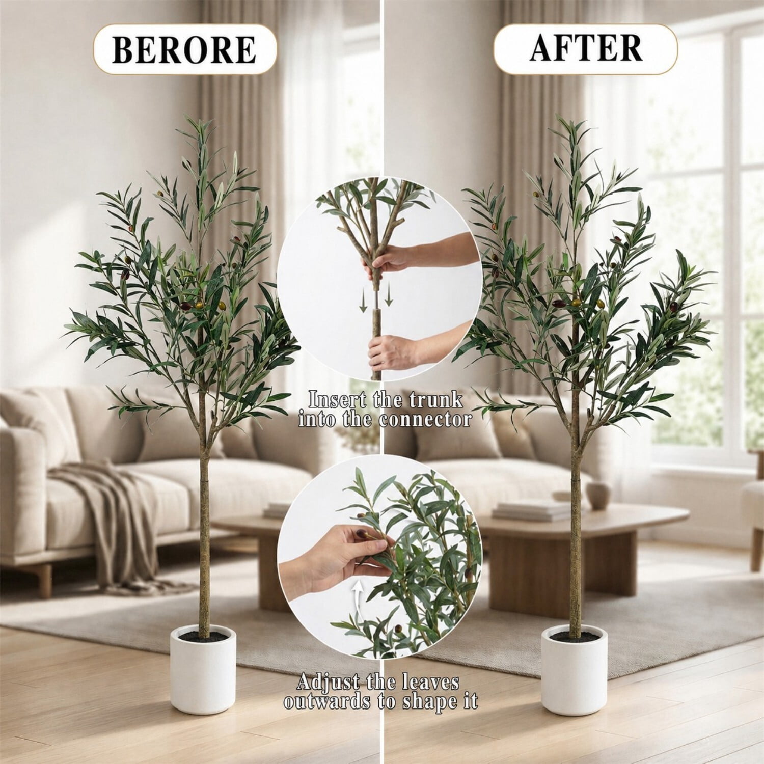 Easy4Home 5.3FT Artificial Olive Tree with Lifelike Fruits Fake Olive Plant Potted Indoor Faux Floor Plant for Home Office Decor, White Pot