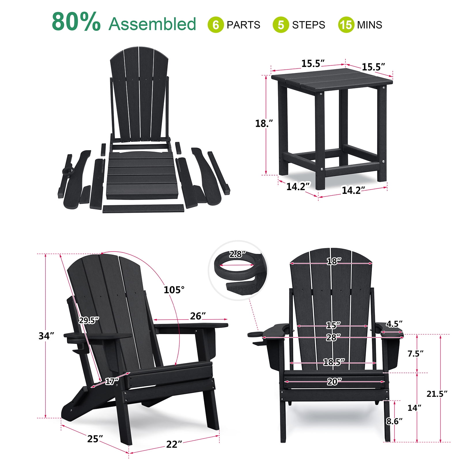 Dining Set Folding Outdoor Adirondack Chair Set of 2 and Table Set,All-weather Folding Fire Pit Chair, Ergonomic Design Patio Lawn Chair for Outside Deck Garden Backyardf Balcony, Black