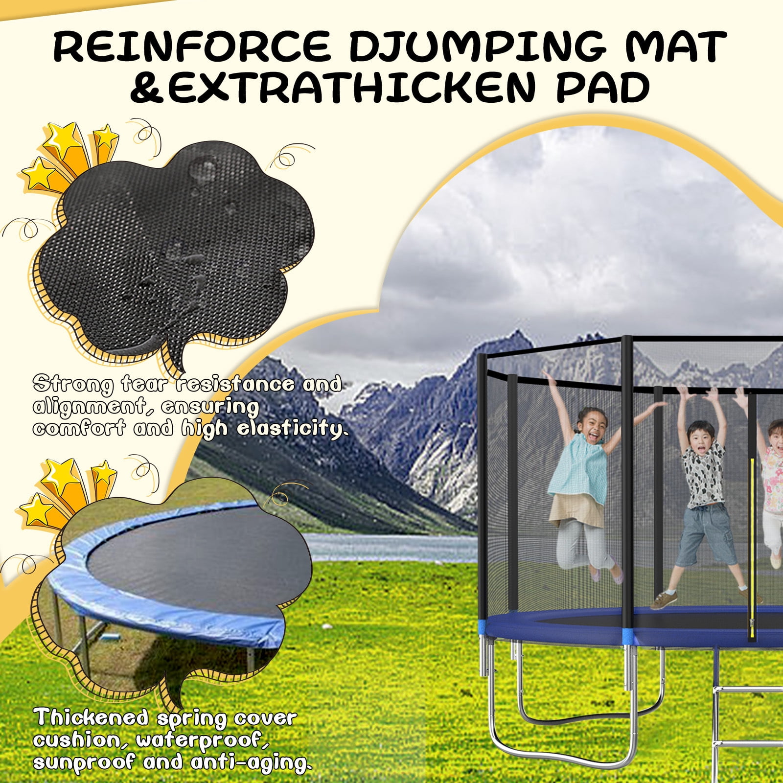 12FT Outdoor Trampoline with Basketball Hoop and Ladder for Kids and Adults，Heavy Duty Recreational Trampoline with Safety Enclosure,Anti-Rust Frame,Backyard Trampoline for Gift,Blue