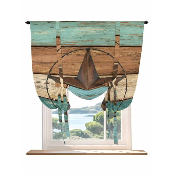 Teal Brown Tie Up Curtains for Windows 63 Inch Length Balloon Curtains Kitchen Adjustable Balloon Window Shade Country Texas Star Farmhouse Barn Door Wood Tie Up Bathroom Curtain Window 42"x63"