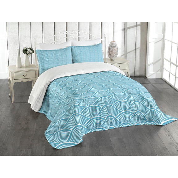 Ambesonne Blue Quilted Bedspread Set 3 Pcs, Japanese Ocean Sea Waves, King Size, Sky Blue White