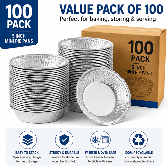 Heavy-Duty 5 Inch Disposable Aluminum Foil Pie Pans, 100 Pack – Mini Tart Pans for Baking, Freezable & Reheatable, Stackable for Easy Storage, Ideal for Bakeries & Cafes
