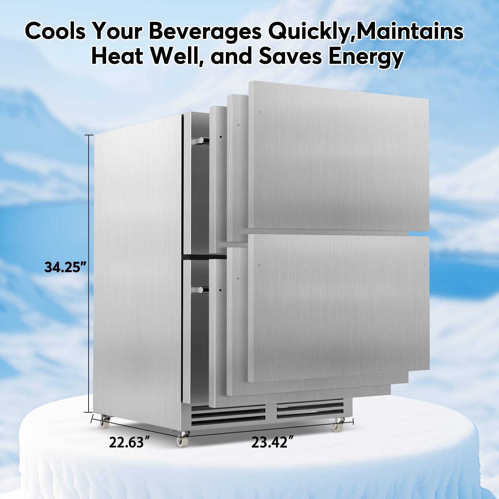 TITTLA 24 Inch Under Counter Dual Drawer Beverage Fridge with Wheels,Freestanding Or Built-In for Patio, Stainless Steel Weather-Proof, Ideal for Home and Commercial Use,Silver