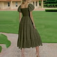 thumbnail image 5 of purcolt Women's Boho Tulle Tiered Maxi Dress Smocked Square Neck Puff Short Sleeve Elegant A Line Flowy Long Dress Wedding Guest Dresses, 5 of 9