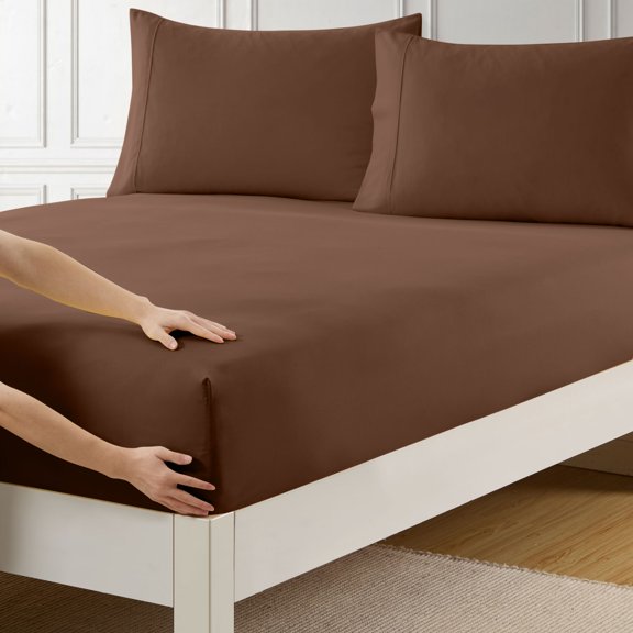 Fitted Sheet Brushed Microfiber Bottom Sheets with Built in Sheet Straps, Full Size Bed, Solid Color Chocolate Brown
