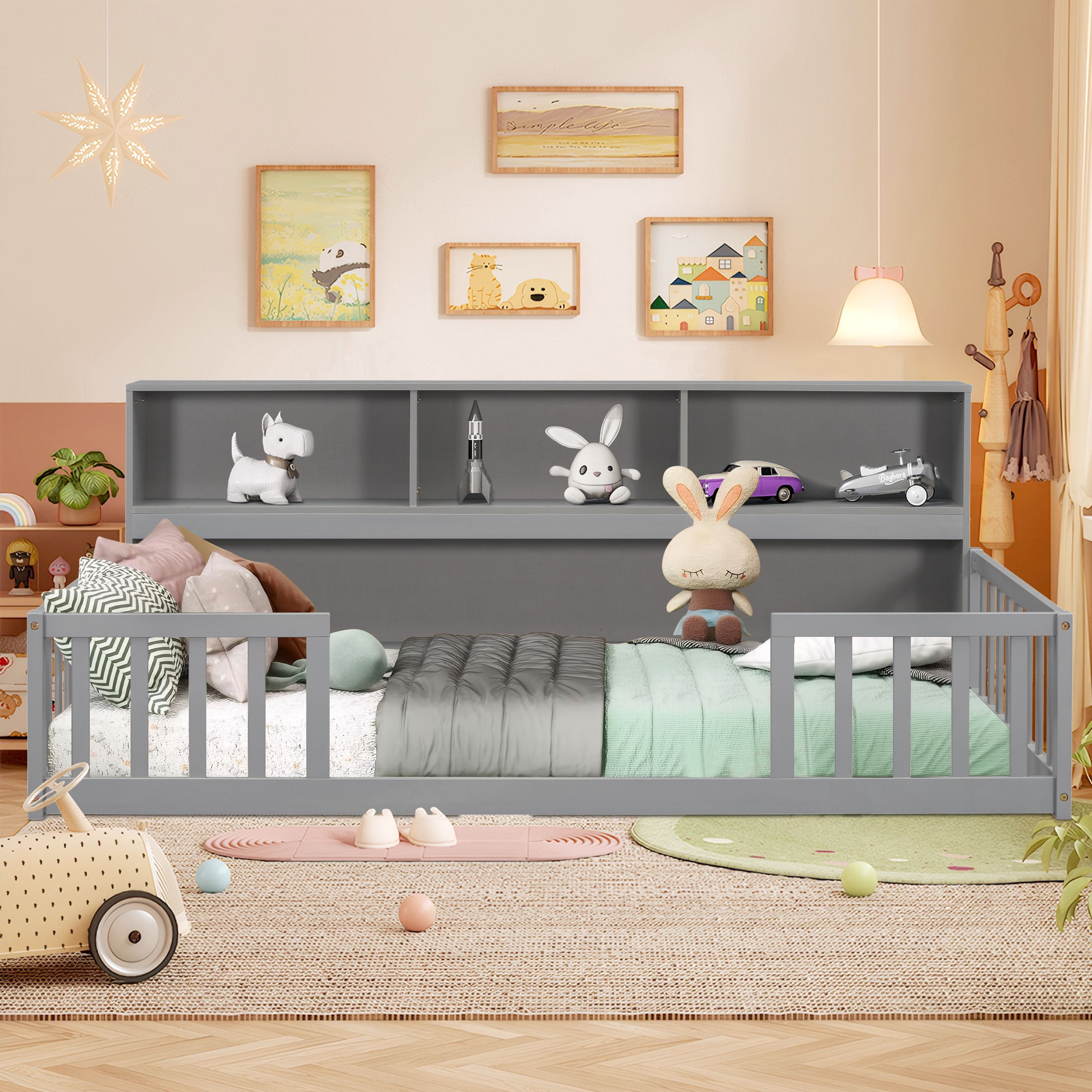 PORKISS Standard Pine Wood Floor Bed Frame with Bookcase and Fence, Full