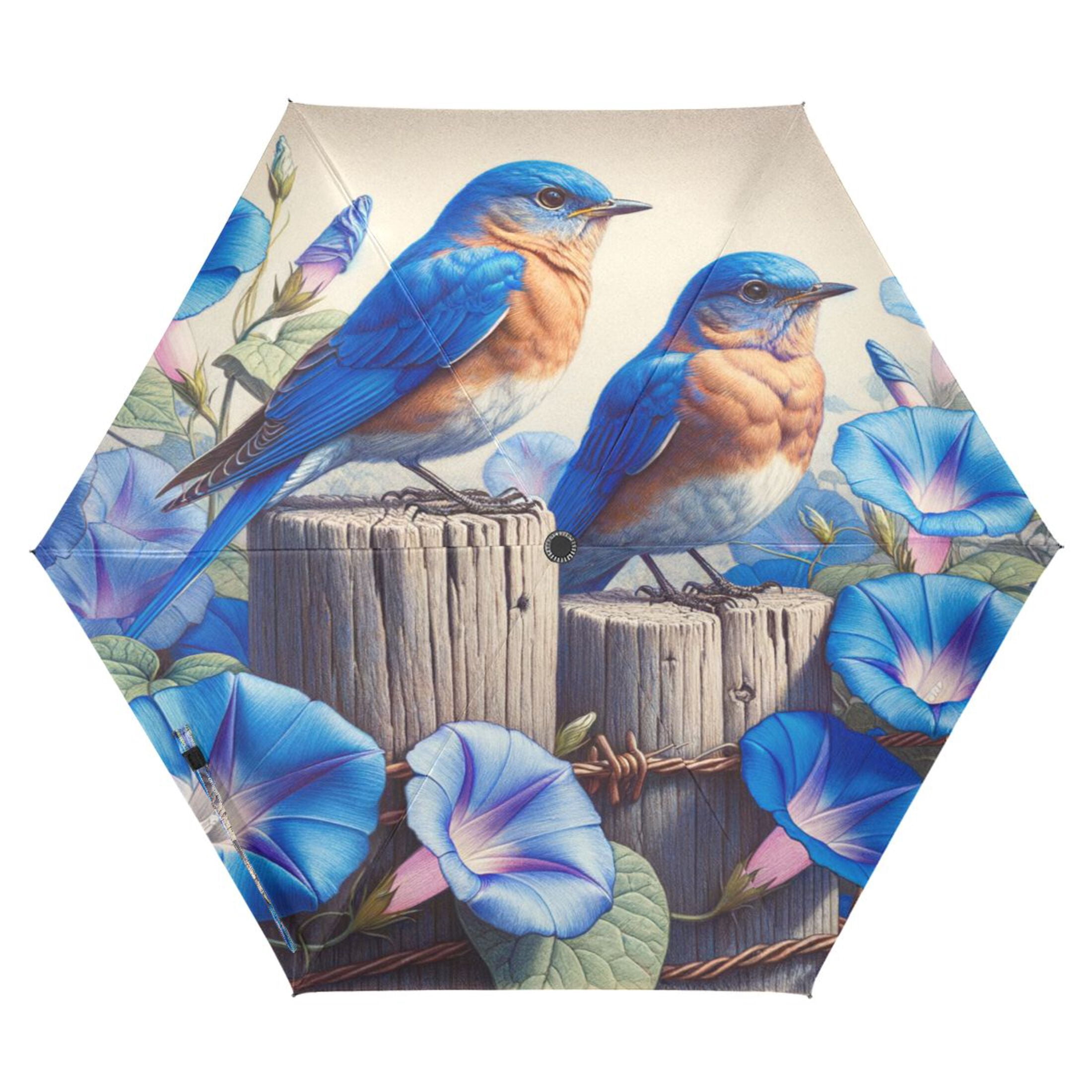 Compact Sun Umbrella Windproof Travel Umbrellas for Rain Strong Portable UV Protection Bluebirds on Wooden Fence and Flower