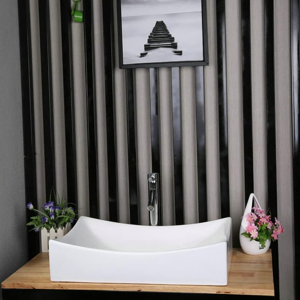 WinZo Small Rectangle Bathroom Sink Above Counter Square Basin Bowl Countertop Vessel 20"x15" Inches Modern Contemporary Porcelain Ceramic Wash Lavatory