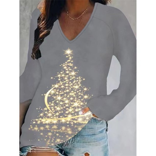 Camiseta con estampado navideño para mujer, ropa informal holgada con cuello en V, manga larga, 3D, regalos de Navidad, 5XL, otoño e invierno, 2022