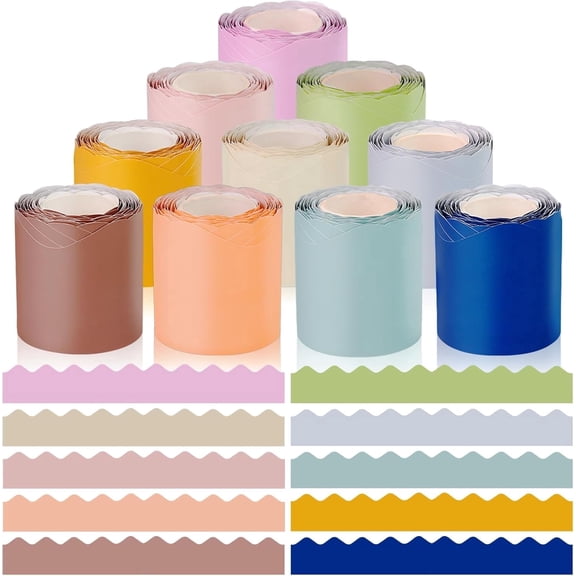 Natonhi 10 Rolls 262.4 Ft Boho Bulletin Board Borders Colorful Classroom Border Scalloped Trim Decorations for Office Poster Birthday Bulletin Board Decor