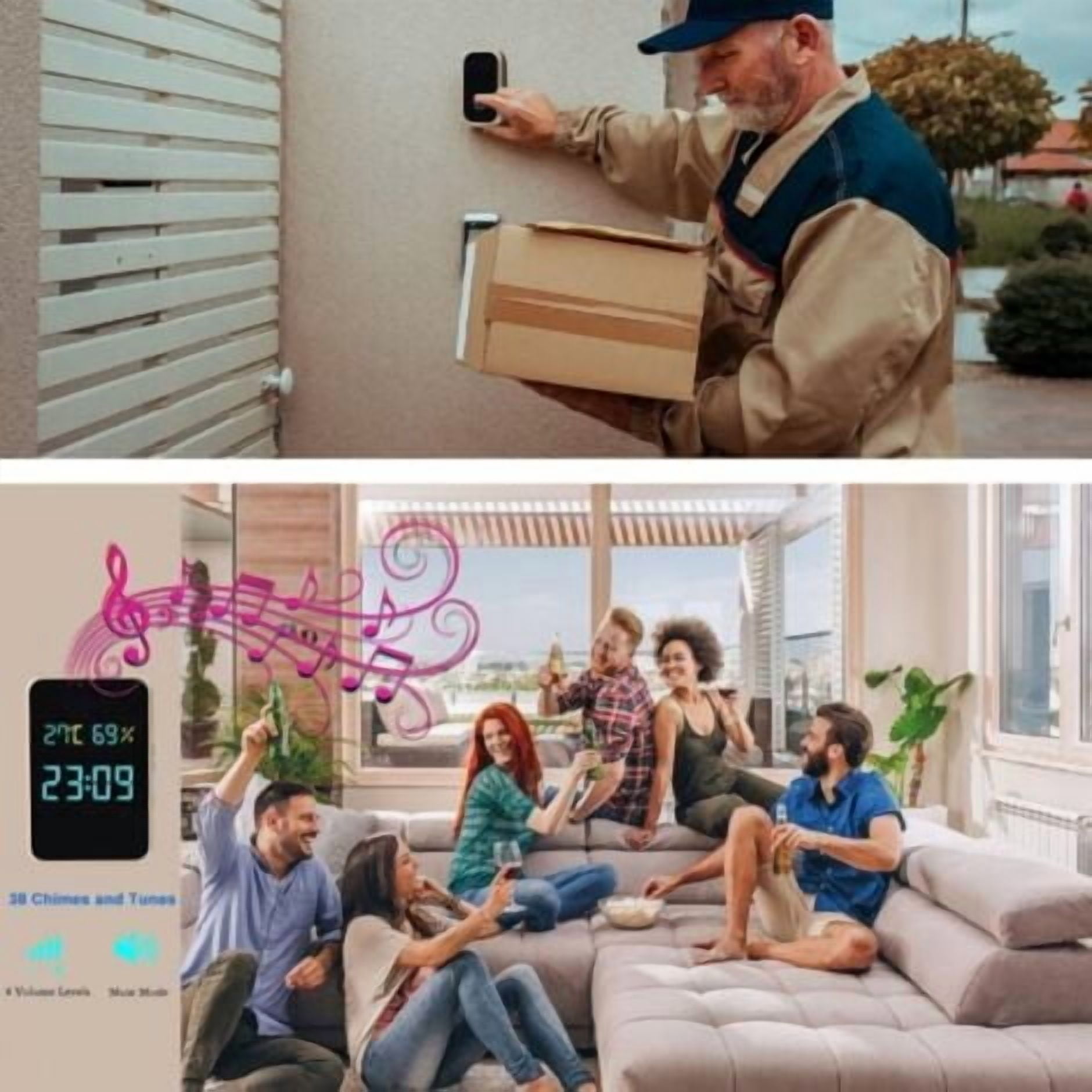 Wireless Doorbell Outdoor Waterproof Automatic Battery-Free Doorbell with Temperature, Humidity and Time Display, Wireless Doorbell with 38 Melodies and 4 Volume Levels