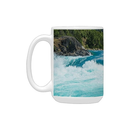 

Lake House Decor Flowing River Rapids Cloudy Snowy Mountain Trees Wildlife Theme Art Blue Green Whit Ceramic Mug (15 OZ) (Made In USA)