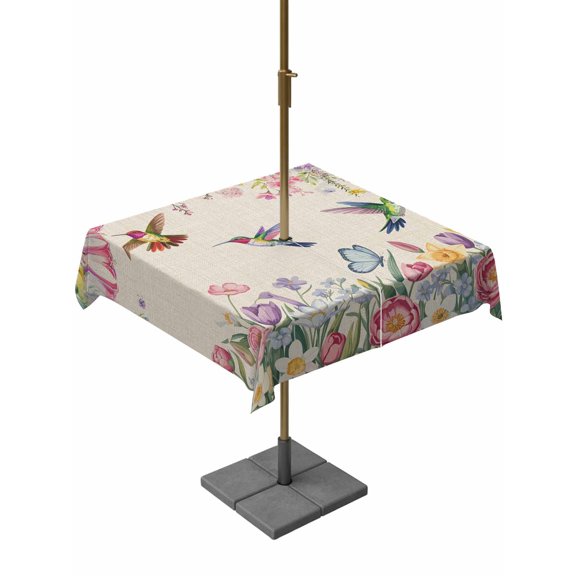 Outdoor Tablecloth with Umbrella Hole and Zipper, Watercolor Flowers Square Table Cloth 60x60 Inch Waterproof Tablecloth, Spring Hummingbird Butterflly Floral Beige Picnic Table Cover for Patio