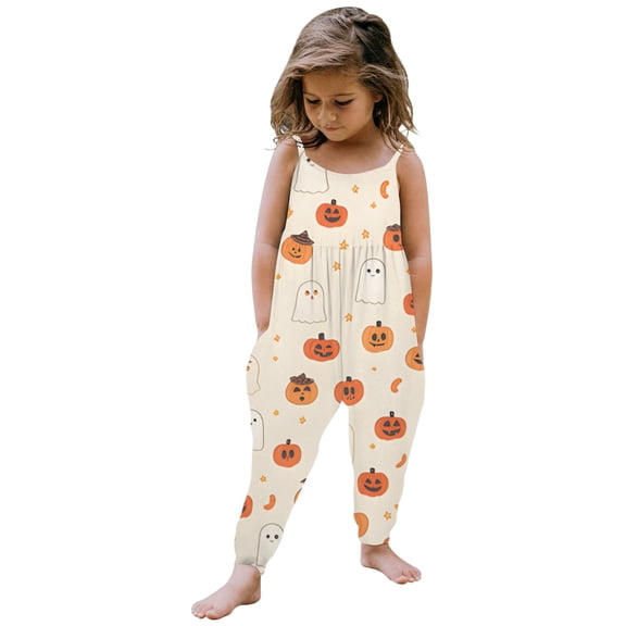 Toddler Girls Halloween Spaghetti Strap Jumpsuit, Sleeveless Pumpkin Ghost Print Harem Romper with Side Pockets, Lightweight Kids One Piece Outfit for Halloween Party(White5,4-5 Years)