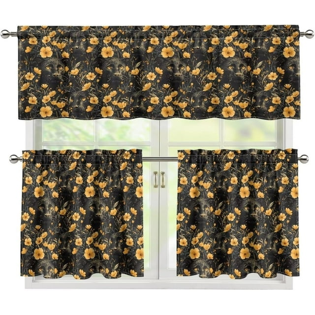 Black Leopard Flower Kitchen Curtains and Valances Set Valance and Tiers Kitchen Window Decor Light Filtering Energy Efficient Curtain Set for Small Window
