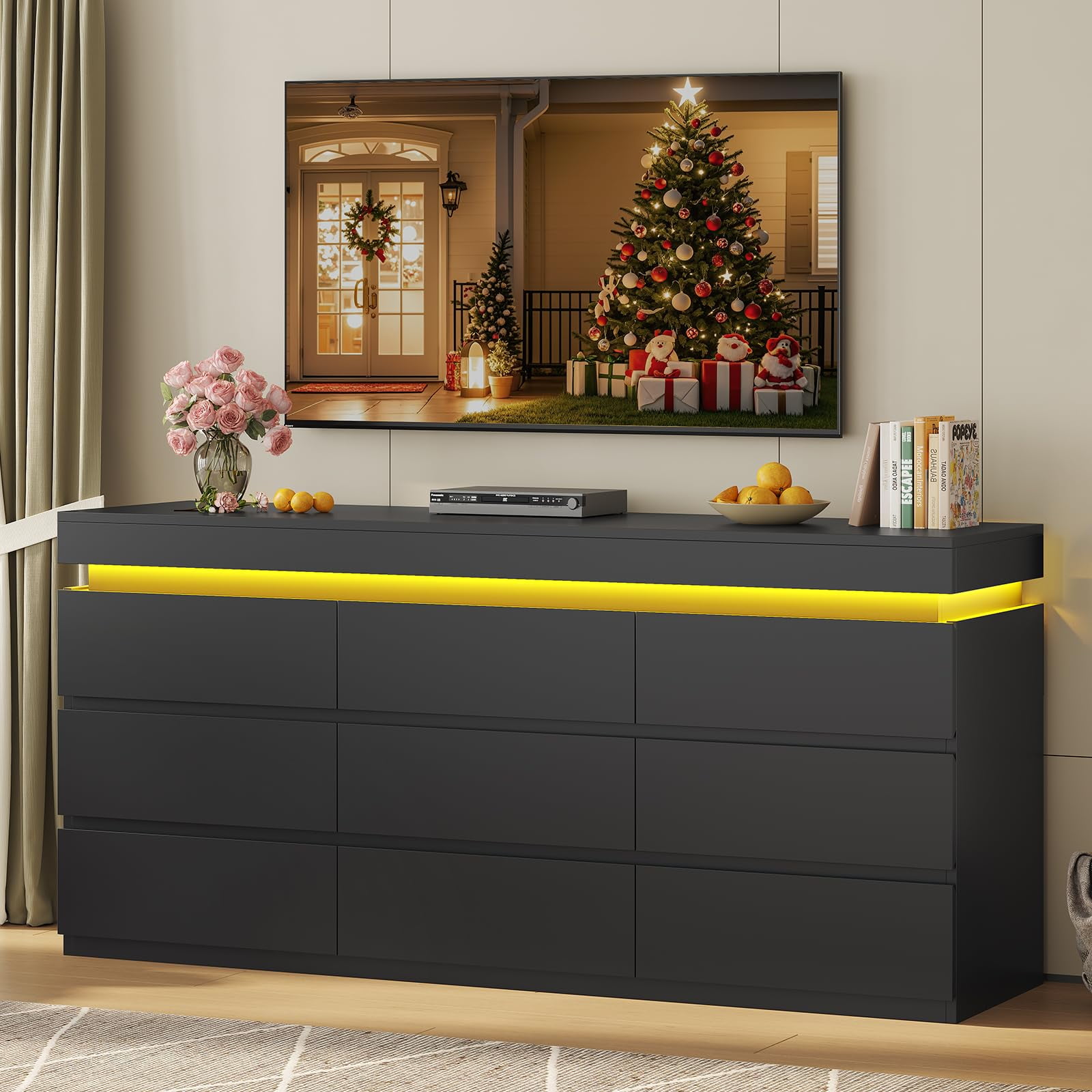 Afuhokles Wide Dresser TV Stand with 9 Drawers Dresser for Bedroom Chests of Drawers for Living Room, Black