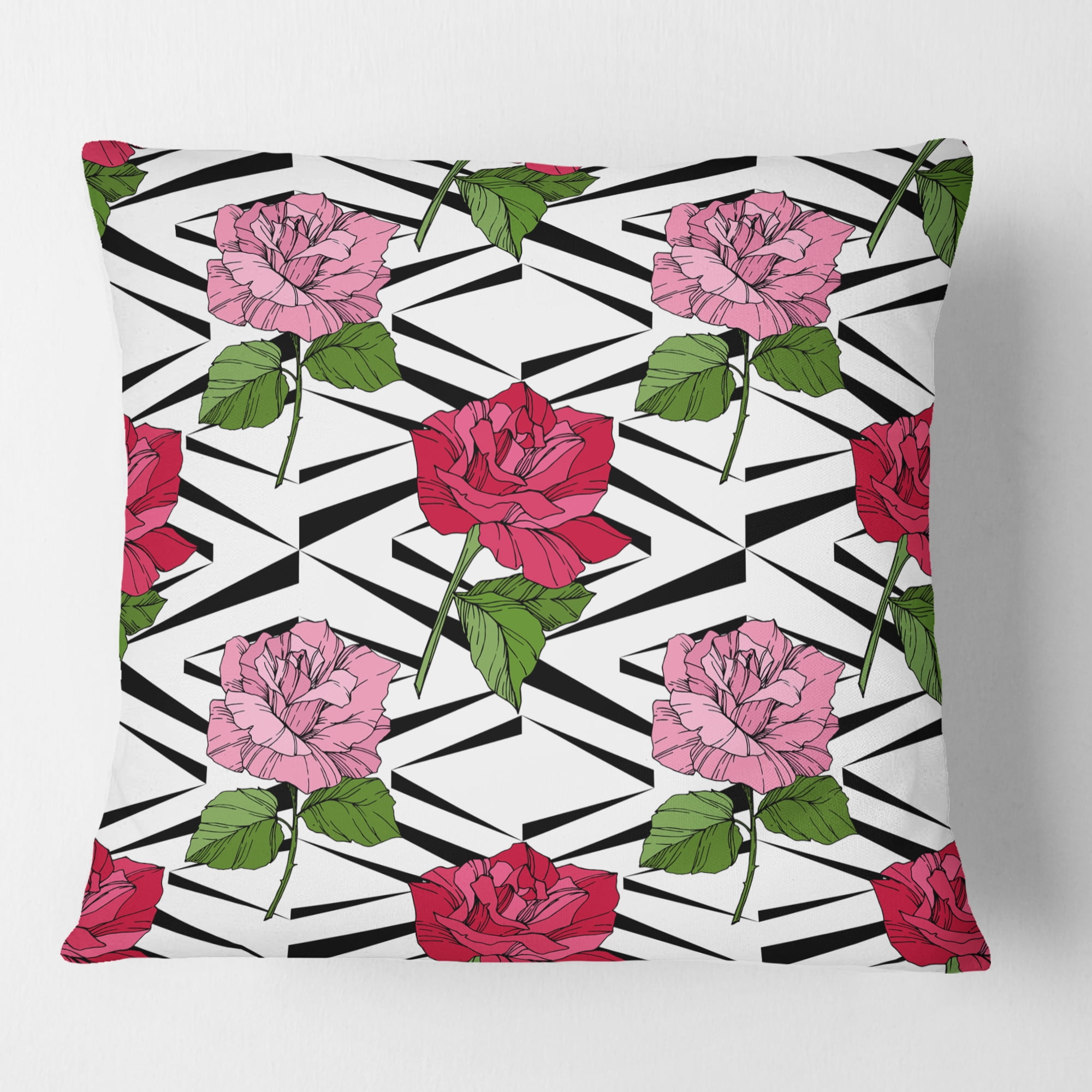 Designart Retro Pink And Red Roses' Mid-Century Modern Throw Pillow - 18x18