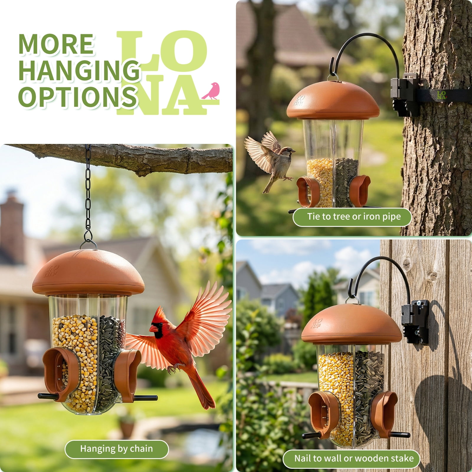 LONA Outdoor Bird Feeder, 3-Compartment & 3-Port Weather-Resistant Tube Feeder with Multiple Hanging Methods, Brown