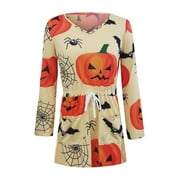 GirarYou Women Halloween Dress, Pumpkin Ghost Print V-Neck Long Sleeves Skirt