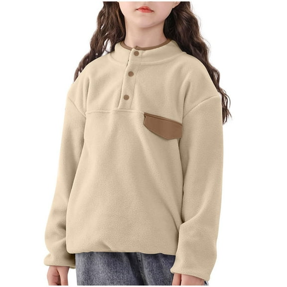 HAiming Girls Toddlers Fleece Fuzzy Jacket Casual Long Sleeve 1/4 Button Pullover with Pockets Kids Trendy Tops