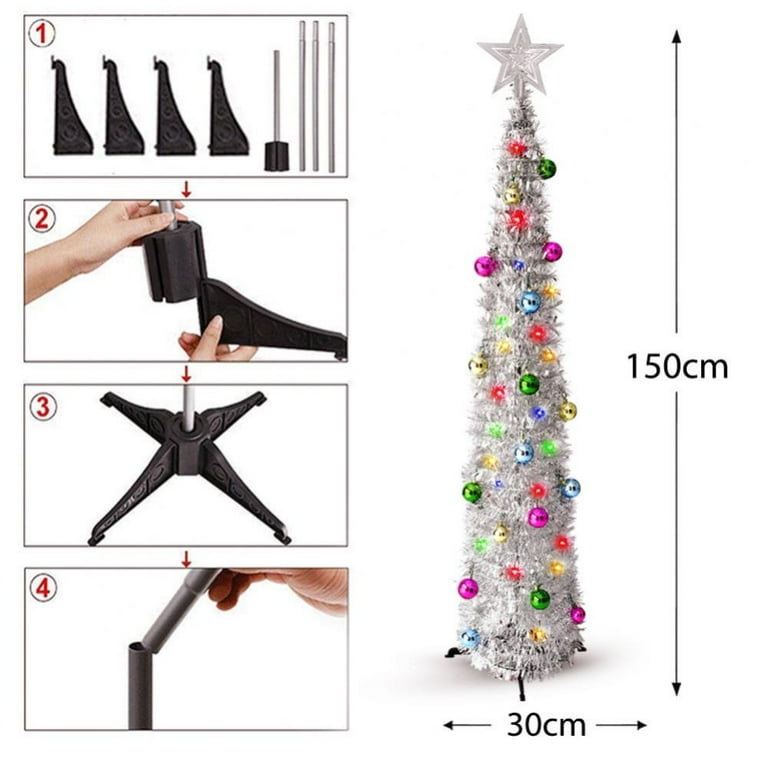 New Years Decorations Pop Up Tree with Lights - Prelit Christmas Tree with Vibrant Christmas Tinsel | Slim Christmas Tree or Pencil Christmas Tree