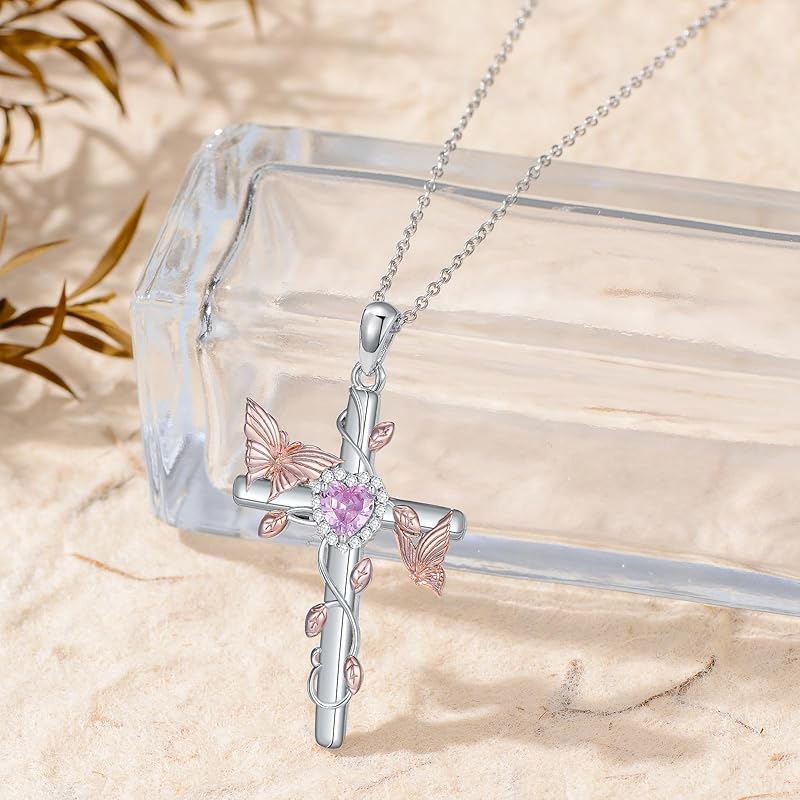 DVEATR Hummingbird/Butterfly Cross Necklace for Women 925 Sterling Silver Hummingbird Cross Necklace with Birthstone Animal Pendant daintyJewelry Gift for Women.