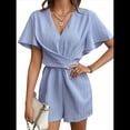 thumbnail image 2 of Mono con Cuello en V y Volantes para Mujer, Liso, Corta, Tirantes en la Espalda, Pantalones Cortos Casuales Holgados. Azul L, 2 of 9