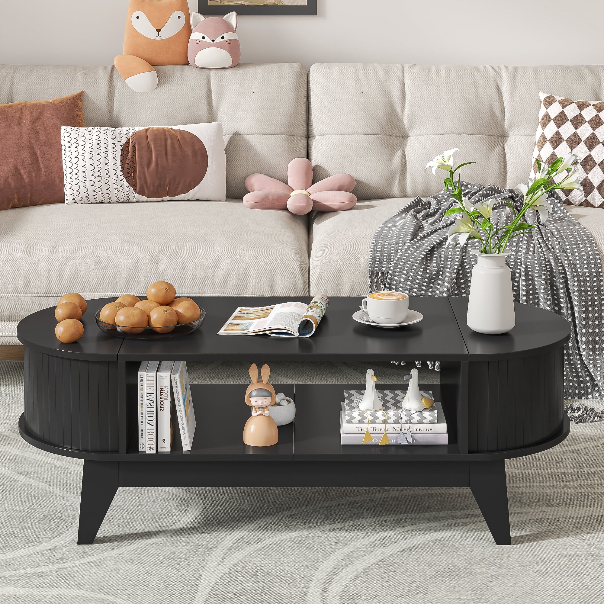 Fluted Coffee Table with Storage, Modern Coffee Tables, Wood Accent Center Table, Black