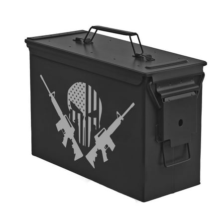 Steel Ammo Can Storage Box Ammunition Case American Flag Skull With Guns (30cal Black)